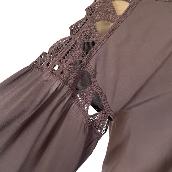 Max Studio Brown Crochet Lace Trim Peasant Top Size SMALL Blouson Bohemian Fall - Picture 4 of 11